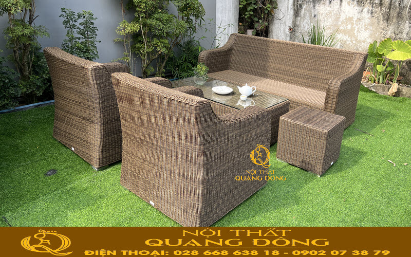 Sofa giả mây QD-748 đan sợi mây nhựa tròn siêu bền có tuổi thọ cao khi sử dụng ở không gian sân vườn