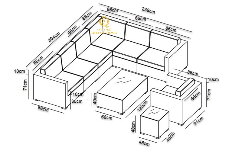 Kích thước sofa giả mây QD-714 được thể hiện rõ ràng qua bản vẽ kỹ thuật