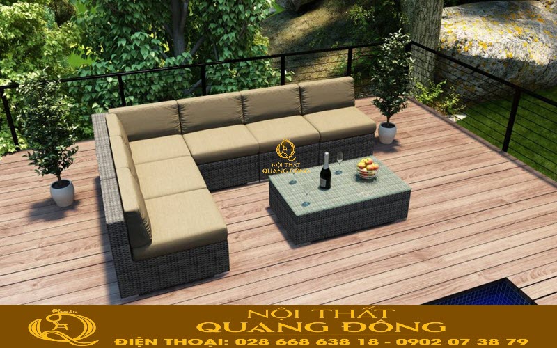 Sofa mây nhựa QD-728 sử dụng nệm lót đi kèm màu vàng trà khác biệt