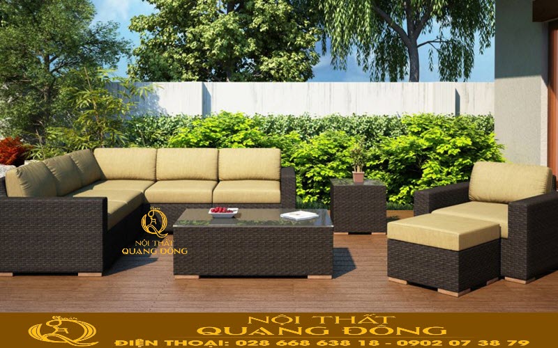 Sofa mây nhựa QD-729 sử dụng kèm nệm lót màu vàng nhạt tạo nên sự nhẹ nhàng