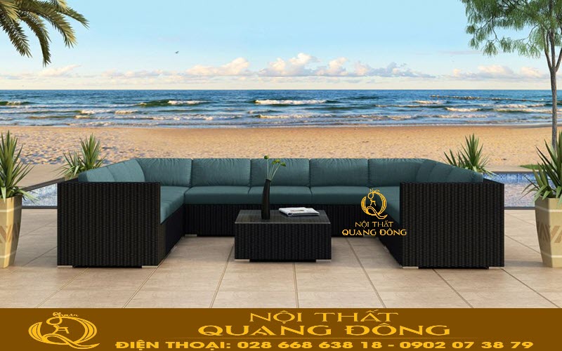 Sofa mây nhựa chữ U QD-733 sử dụng cho không gian có diện tích rộng rãi như phòng khách, sảnh lớn,...