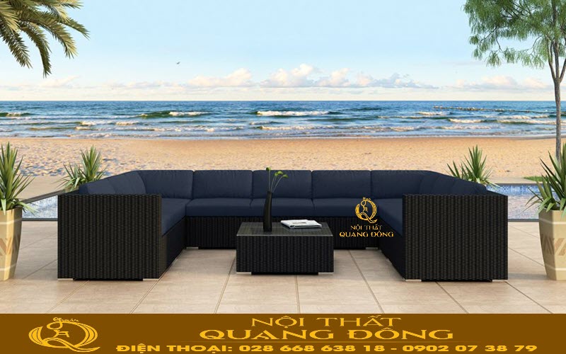 Sofa chữ U QD-733 sử dụng đan từ sợi mây nhựa bán nguyệt màu đen kết hợp nệm tông màu xanh đậm 