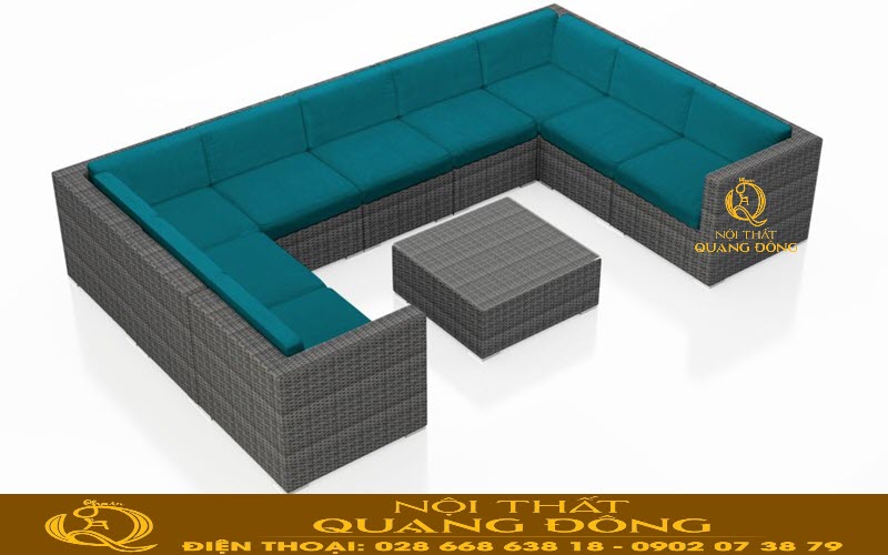 Sofa mây nhựa QD-734 sử dụng kèm nệm lót màu xanh tạo sự nổi bật cho sản phẩm và không gian sử dụng