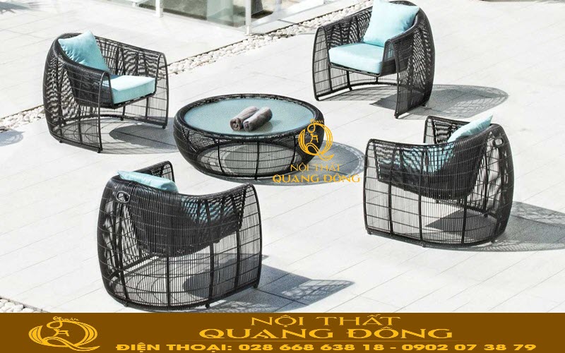 Mẫu bàn ghế dùng cho ngoại thất sân vườn, bộ bàn ghế giả mây QD-275 siêu bền nhờ được sử dụng sợi dây tròn 