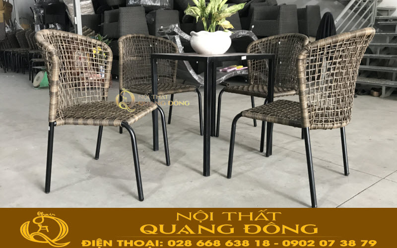 Bộ bàn ghế giả mây QD-340 đan sợi mây nhựa tròn kết hợp kiểu đan kazo êm thoáng 