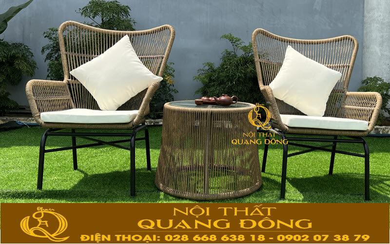 Mẫu bàn ghế dùng cho sân vườn giả mây, sản phẩm sản xuất bằng sợi mây nhựa tròn 3,5 ly tại Nội Thất Quang Đông 