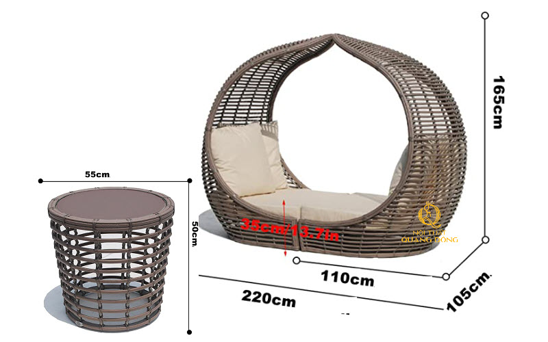 Kích thước bàn ghế giả mây QD - 2079 rộng rãi