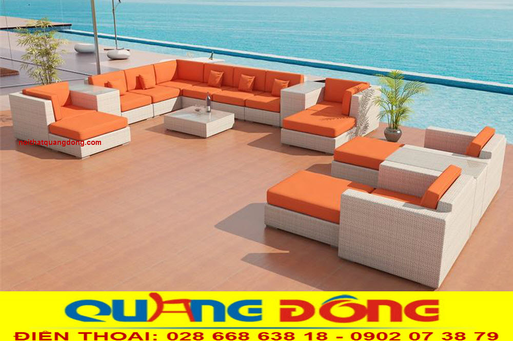 sofa giả mây QD-671 nệm màu cam tạo điểm nhấn đẹp mắt, nổi bật không gian ngoại thất