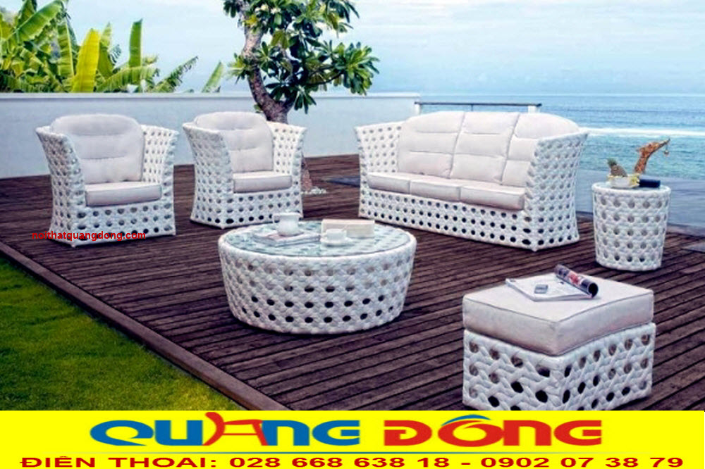 Mẫu sofa mây nhựa dùng cho ngoài trời sân vườn, Bộ sofa giả mây QD-675 gam màu trắng kết hợp kiểu đan mắt cáo êm thoáng bền đẹp