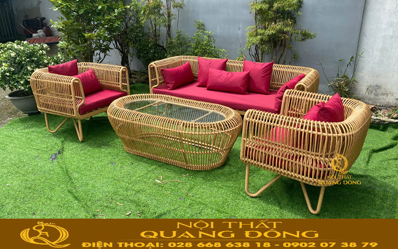 Sofa mây nhựa QD-754 với nệm gối êm ái, tiện lợi khi sử dụng
