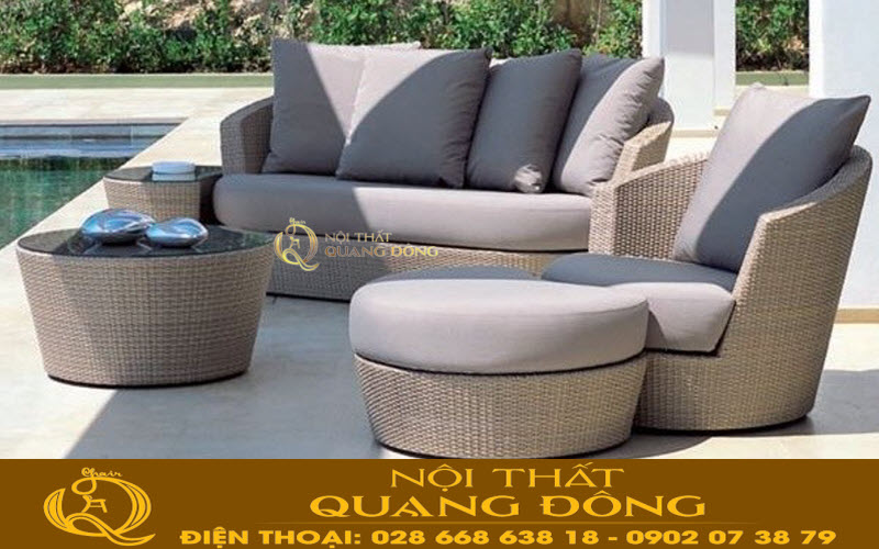 Mẫu ghế sofa dùng cho ngoại thất sân vườn bể bơi, bộ sofa giả mây QD-615 điểm nhấn nổi bật cho ngoại thất sân vườn