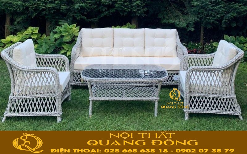 Ghế sofa giả mây QD-663 đan sợi mây nhựa tròn, kết hợp kiểu đan kazo vô cùng thoáng đãng, tuyệt đẹp cho sân vườn ngoài trời