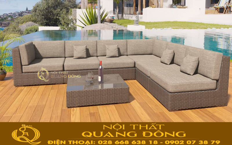 Ghế sofa góc đan mây nhựa giả mây dùng cho sân vườn, khu vực ngoài trời hồ bơi, bãi biển