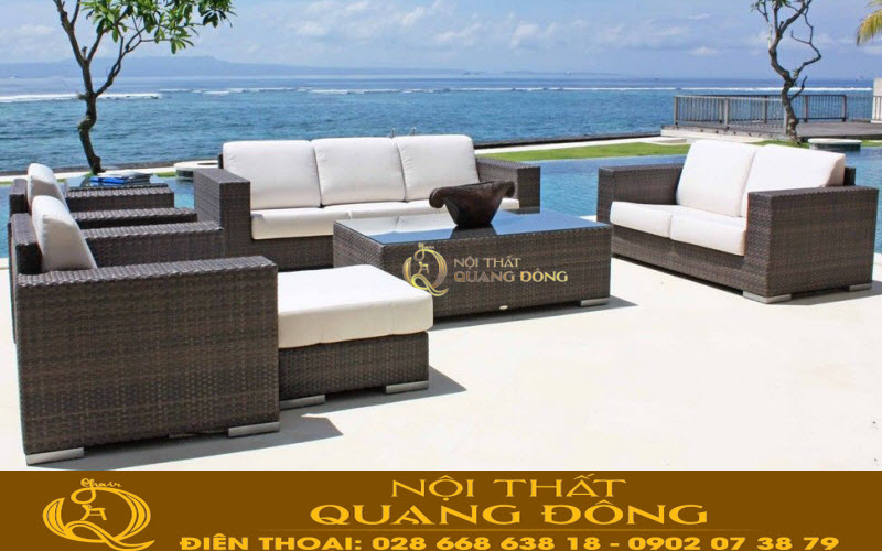 Mẫu ghế sofa vuông hình hộp truyền thống không bao giờ lỗi mốt dùng cho sân vườn ngoài trời, sản phẩm đan thủ công bằng mây nhựa giả mây